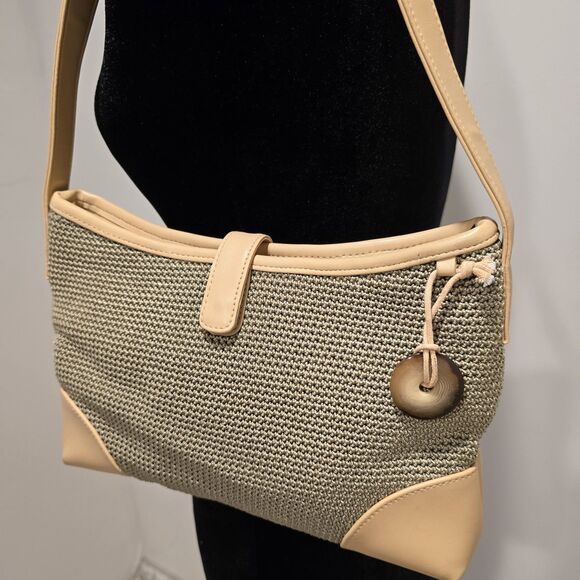 The Sak Y2K Shoulder Bag Knit Woven Purse Vintage 90s Hobo Cream Gray Crochet - Picture 2 of 11
